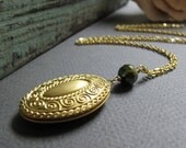 Art Deco Gold Locket, Vintage Long Locket Necklace, Brass Antique Locket, Peacock Green Crystal with Long Chain - OLD HOLLYWOOD