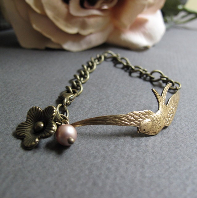The Offering - Sparrow Cuff Bracelet, Antique Gold Brass, Chain, Flower Charm, Pink Pearl, Vintage - StefenyStanyer