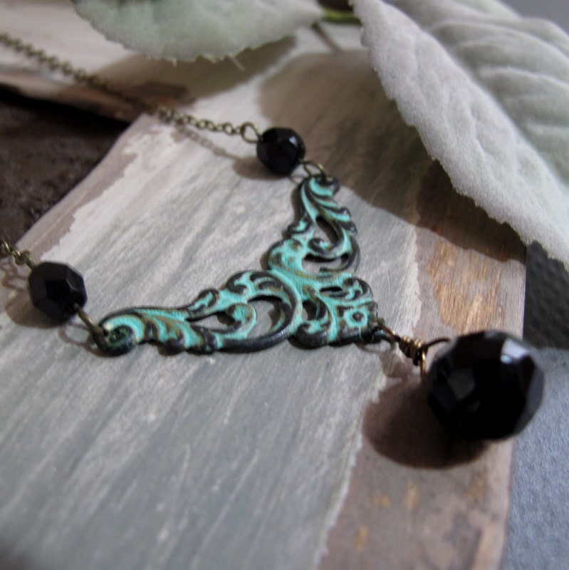 Wicked - Filigree Necklace, Antique Brass, Verdigris Patina, Black Onyx Teardrop, Victorian Whimsy, Vintage, 18 Inch Chain