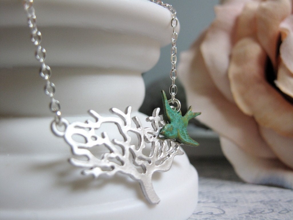 Bird Tree Necklace Pendant, Silver Tree, Turquoise Blue Bird Necklace, Modern Vintage - ENCHANTED