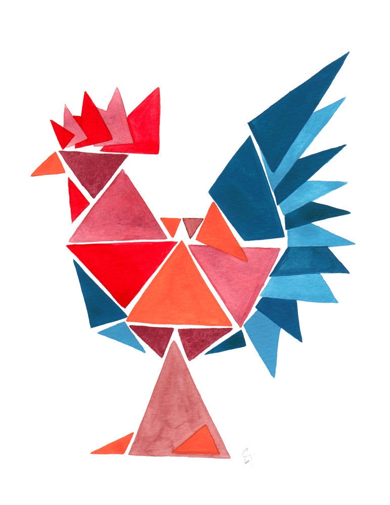 Rooster Print colorful domestic bird - Gentry Birds - archival art print reds and blues