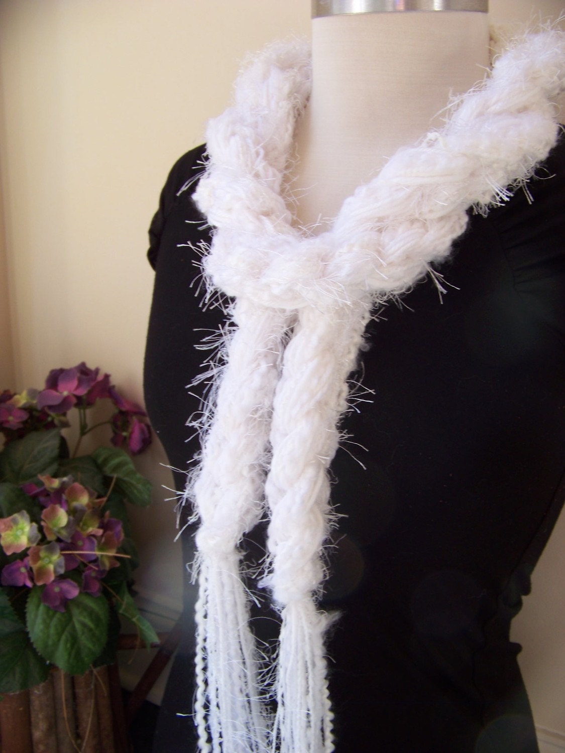 Hand Knit Scarf...MARSHMALLOW WHITE Crochet Scarf