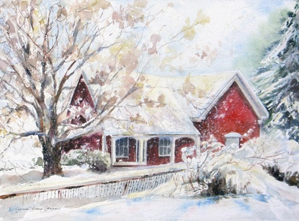 red cottage snow giclee print of original watercolor painting winter landscape 8 x 10  mat included