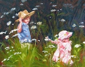 original oil painting impressionism children playing giclee signed print flower garden landscape fine art 11 x 14 frame ready