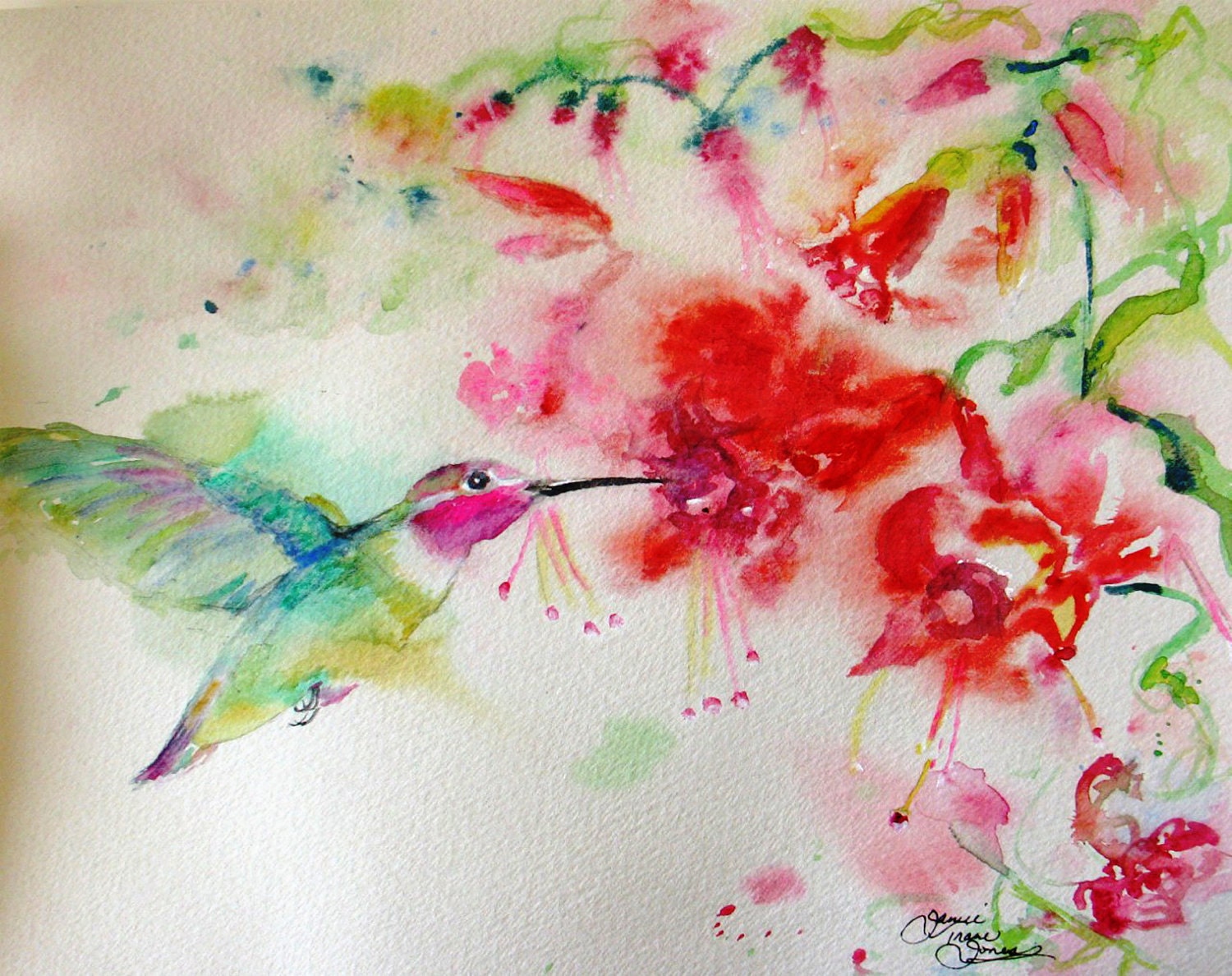 Hummingbird Watercolor painting print giclee impressionism flowers bird fine art 8 x 10 with mat - JaniceTraneJones