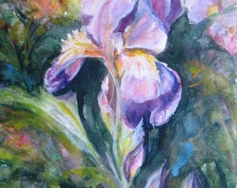 abstract iris Original Watercolor painting flowers garden impressionism modern portrait 8 x 10 fine art