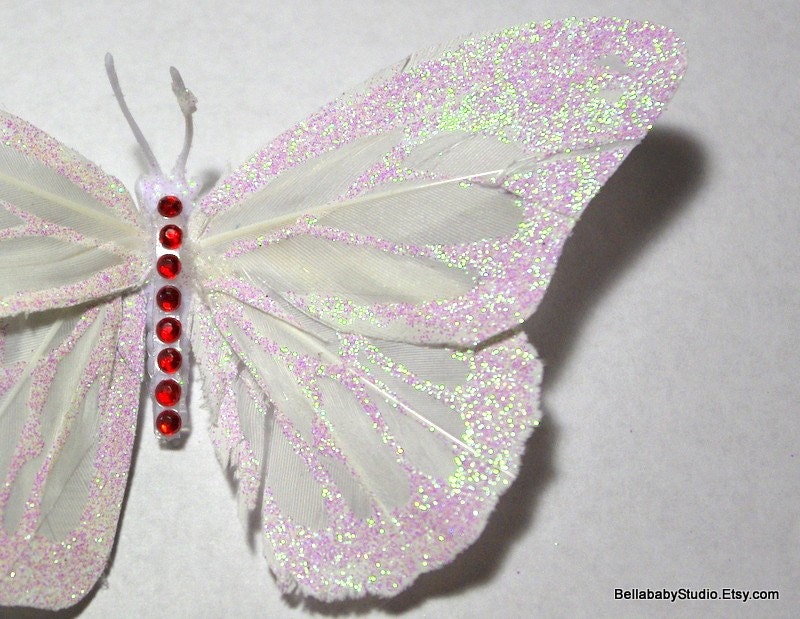 Iridescent White Butterfly with Red Gems Hair Clip