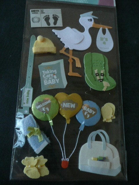 NEW BABY ARRIVAL Jolee's boutique Scrapbooking Supplies stickers - Stork, booties, balloon, Hospital band