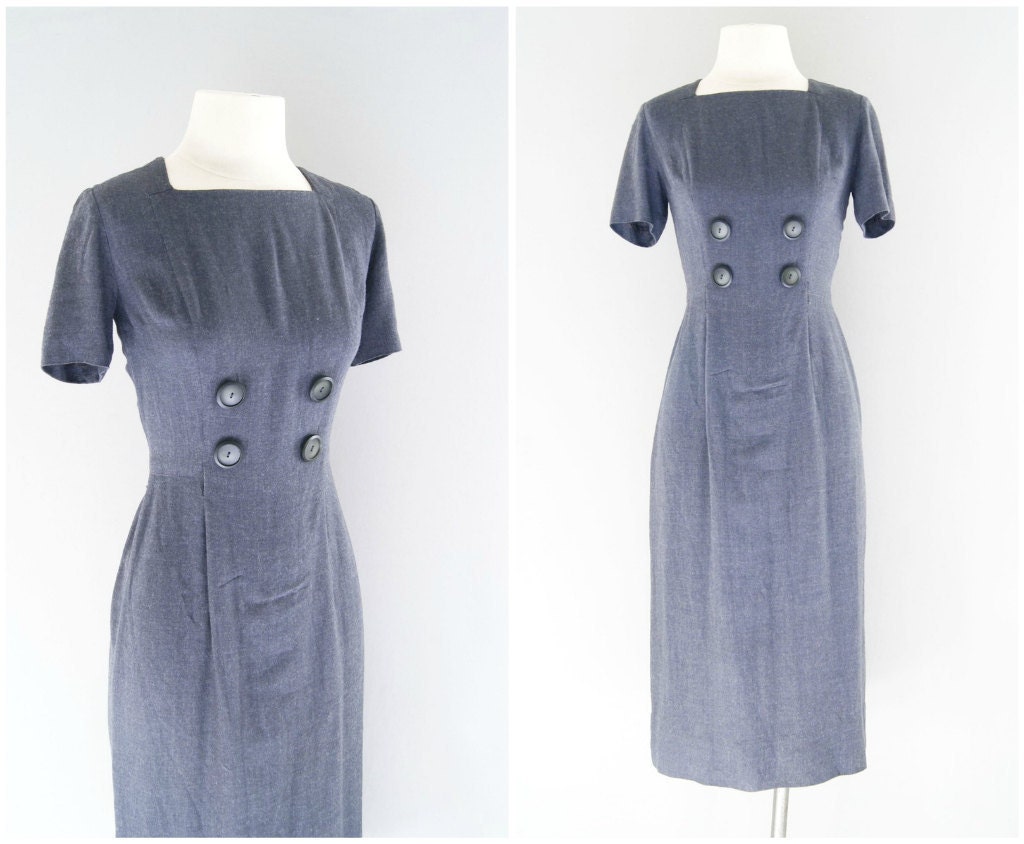 60s wiggle dress / 1960s grey wool dress