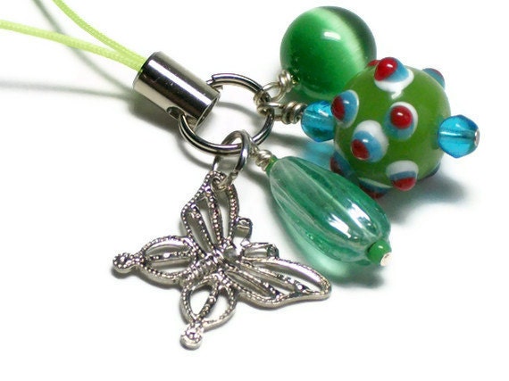 Phone Charm Butterfly with Green Glass Beads