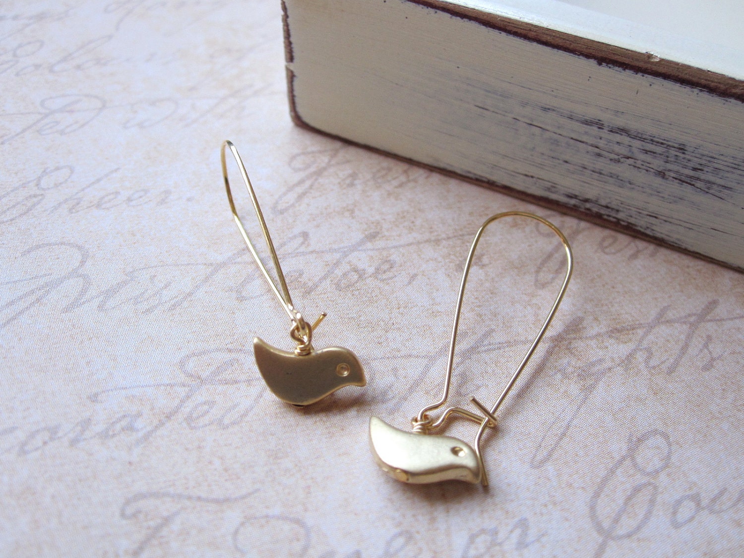 Gold Bird Earrings on Long Kidney Hooks
