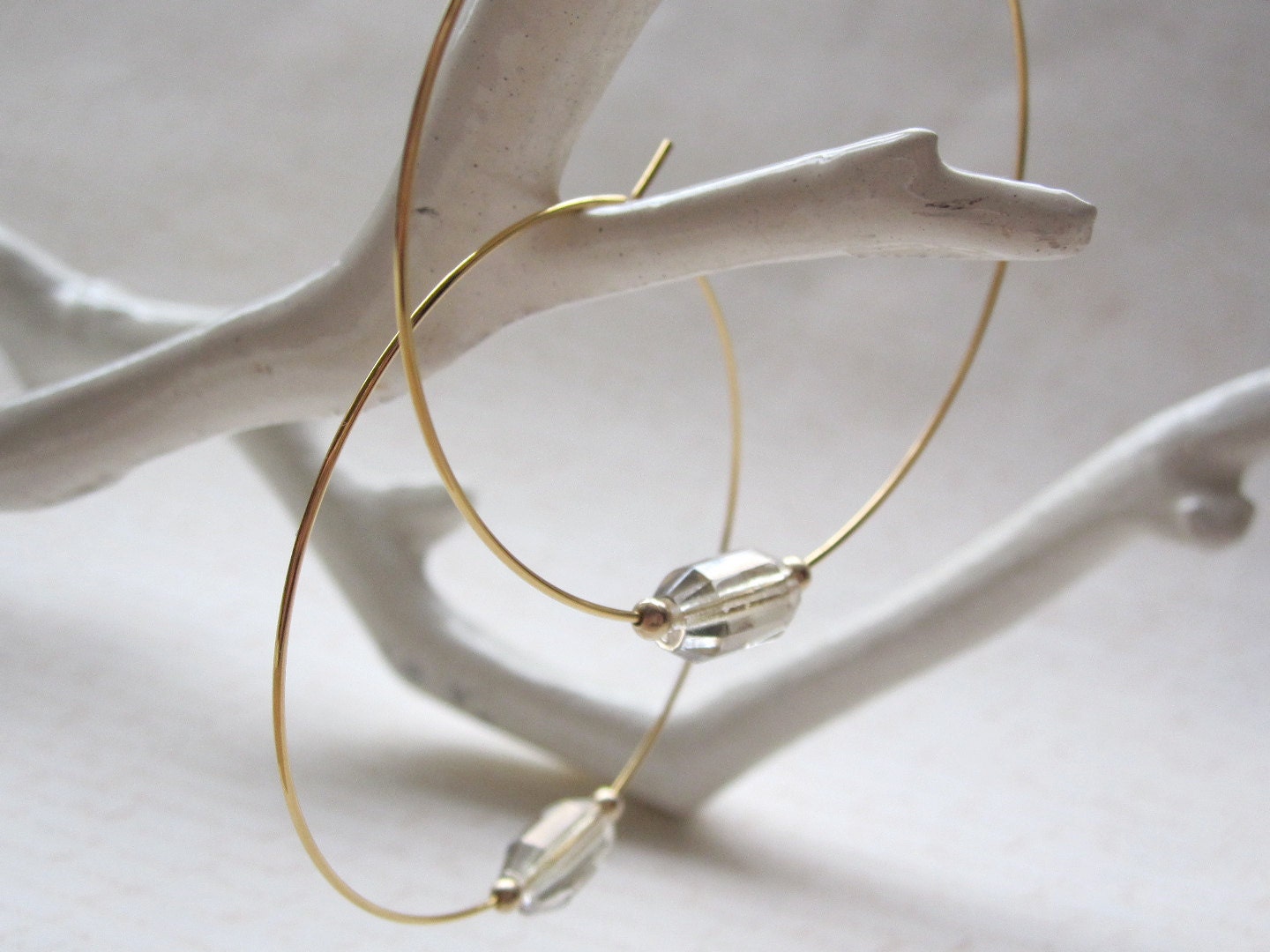 Large Gold Hoops with Ivory Vintage Style Glass Barrel Beads Accented with Gold Filled Beads