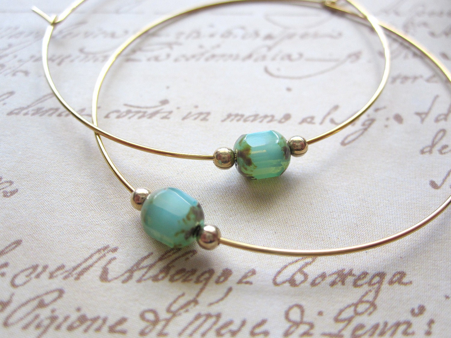 Turquoise Hoop Earrings, Large Gold Plated Earrings, Hoop Earrings, Gold Hoops, Vintage Style Beads