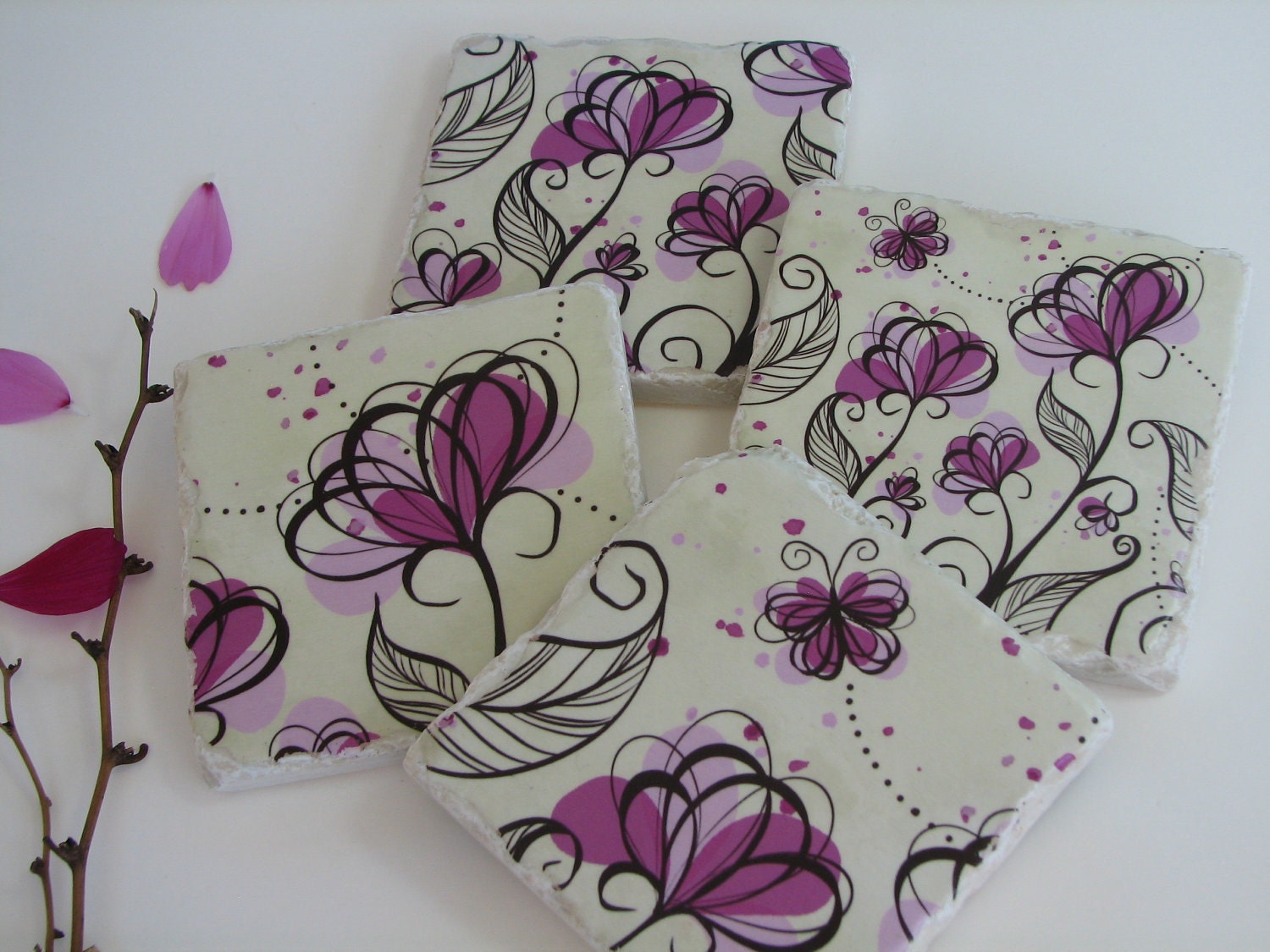 Pink Flowers Decor, Ceramic Tile Coasters, Fun Whimsical Art, Floral Paperweights, Twisted Spring Flower Garden, Summer Blooms Set of 4
