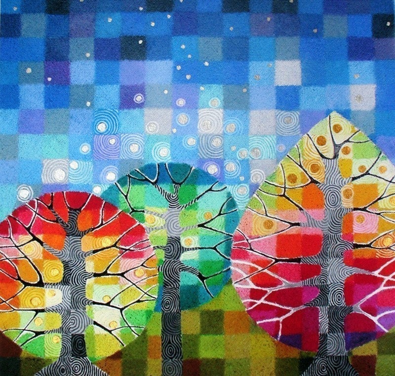 Backyard with Stars print, with handpainted details