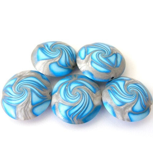 Polymer Clay Swirl Beads Lentil in Turquoise and Silver - Set of 5