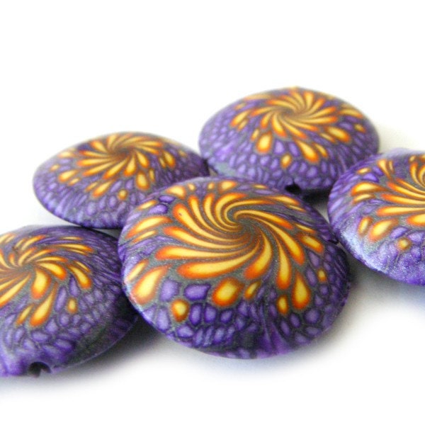 Focal Beads Swirl Lentil Beads Polymer Clay in Purple and Fiery Yellow - Set of 5