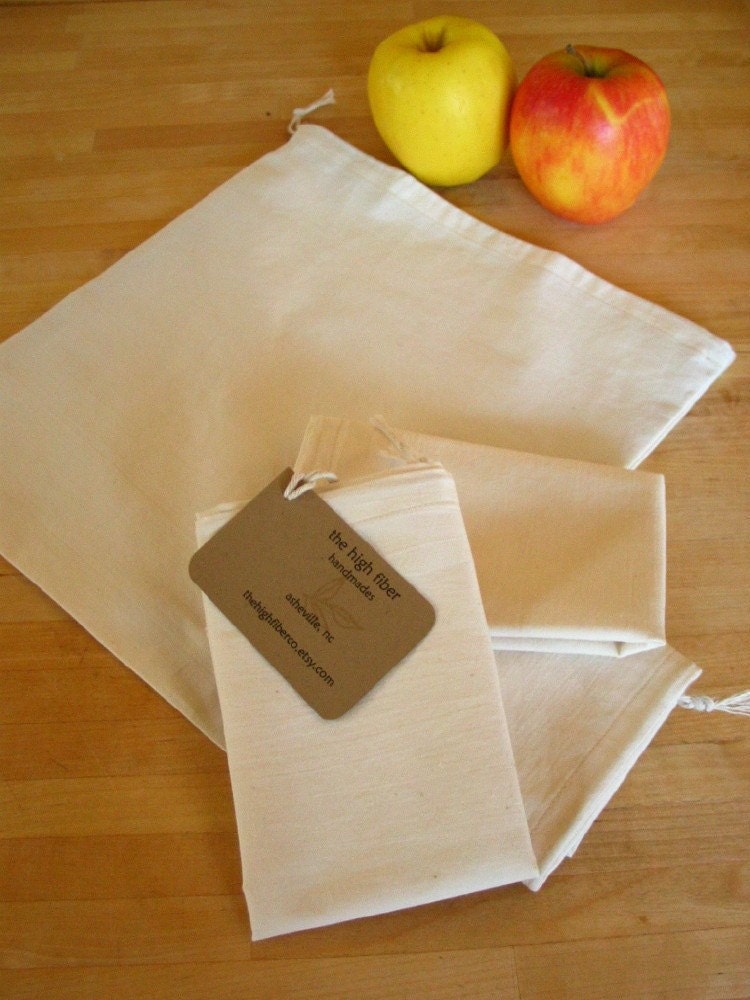 Reusable Produce or Bulk Food Bags, Organic Cotton, Set of 6