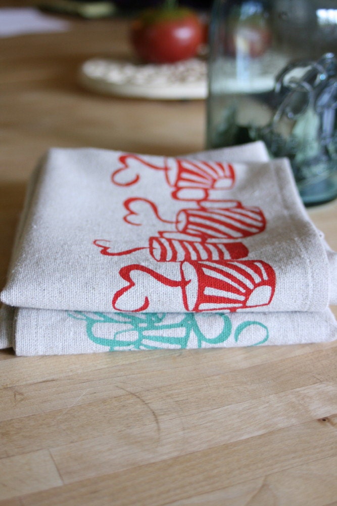 Tea Towels, Cotton, Set of 2 Handmade and Hand Printed