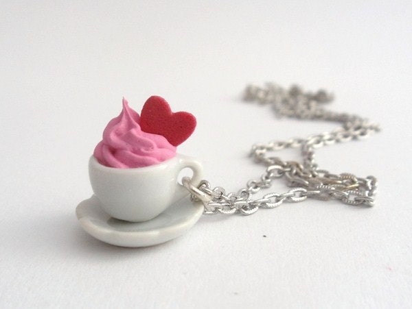 coffee cup necklace Pendant  - miniature ceramic Charm cup of coffee and saucer with whipped cream and red heart pink frosting tea cup