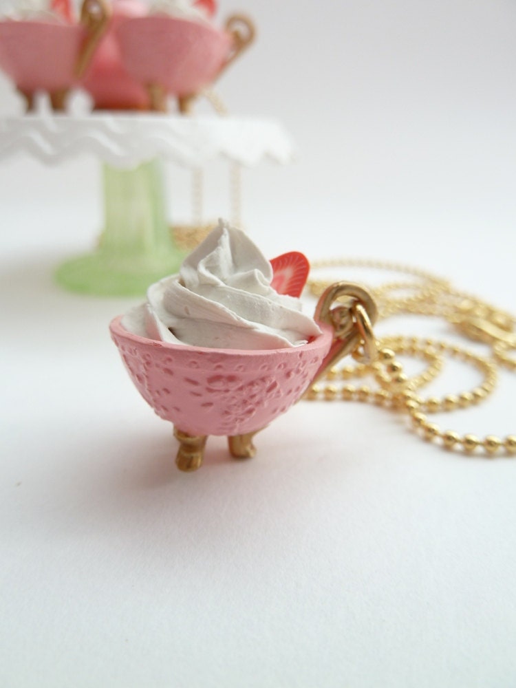 Antique pink miniature cup of coffee necklace alice in wonderland Charm white frosting time for  tea party