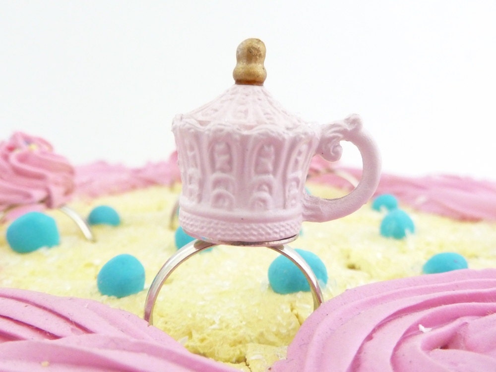 Antique pink princess teacup ring alice in wonderland miniature cup - time for fairy tale tea party great jewelry for theme party