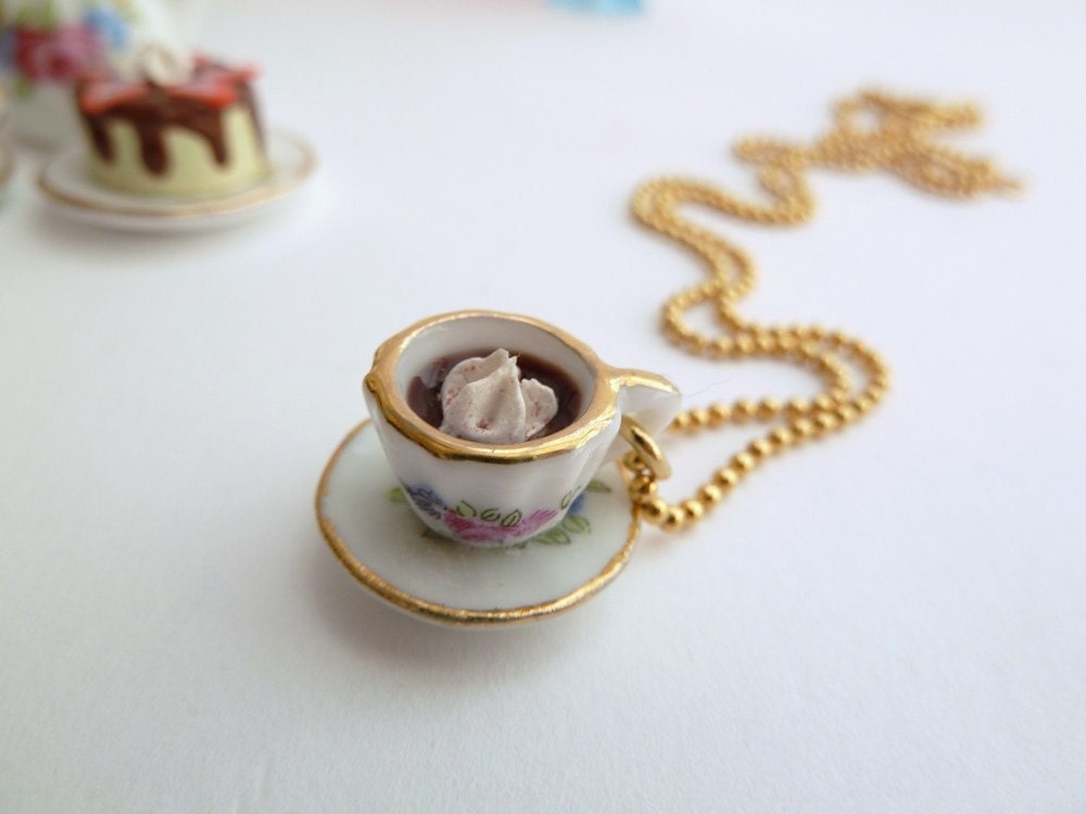 Alice In Wonderland Necklace miniature cup of coffee Charm with whipped cream fake cupcake white frosting time for tea party birthday girls