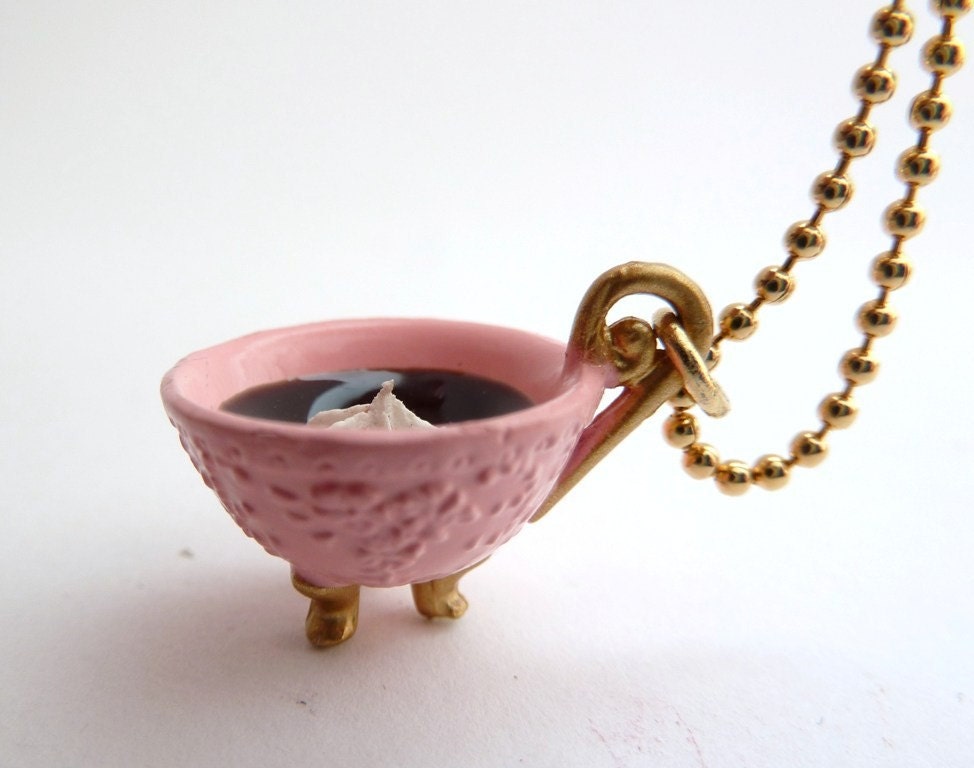 Antique pink cup of coffee necklace Pendant alice in wonderland miniature cup Charm cup of coffee with whipped cream gold ball chain necklace white frosting time for tea party unique gifts birthday girls