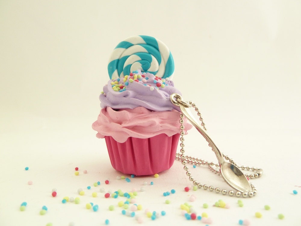 Lollipop Cupcake Necklace with small spoon Charm alice in wonderland with silver ball chain pink and purple frosting ,birthday girls party