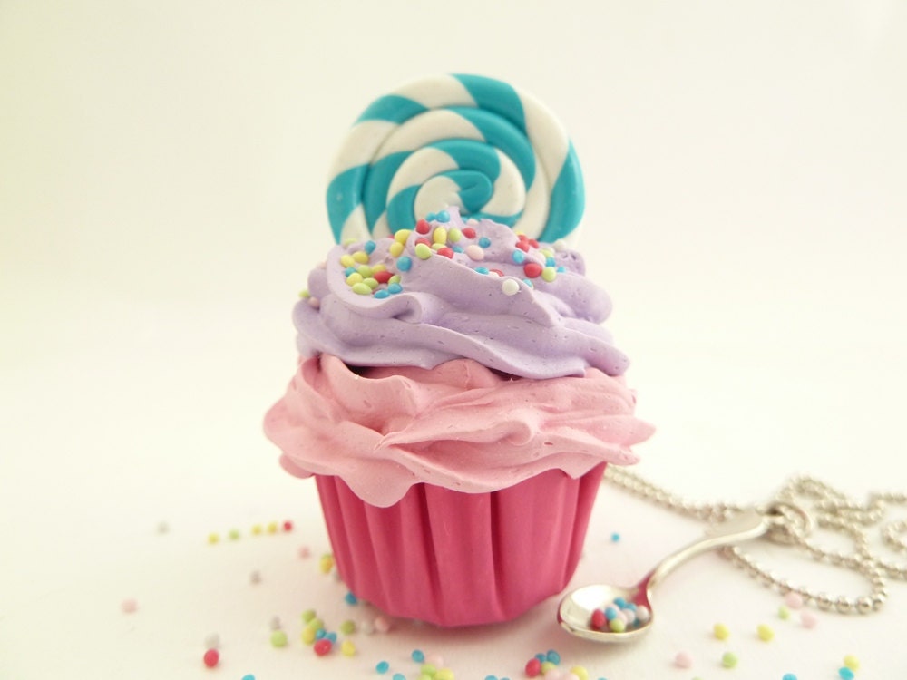 Lollipop Cupcake Necklace with small spoon Charm alice in wonderland with silver ball chain pink and purple frosting ,birthday girls party