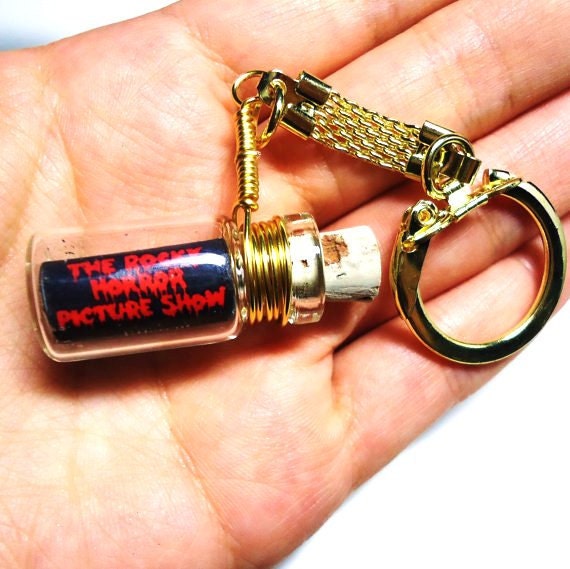 Bottle Keychain. Rocky Horror Picture Show Poster. Gold