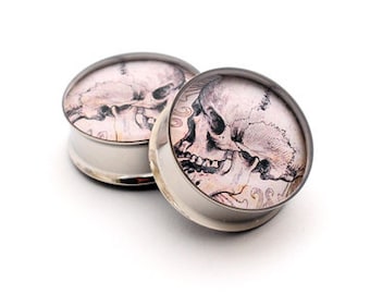 Vintage Skull Art Picture Plugs STYLE 2 gauges - 00g, 1/2, 9/16, 5/8, 3/4, 7/8, 1 inch