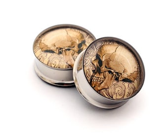 Vintage Skull Art Picture Plugs STYLE 7 gauges - 00g, 1/2, 9/16, 5/8, 3/4, 7/8, 1 inch