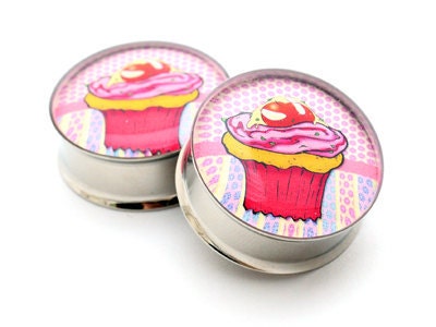 Cupcake Picture Plugs STYLE 8 gauges - 2g, 0g, 00g, 7/16, 1/2, 9/16, 5/8, 3/4, 7/8, 1 inch