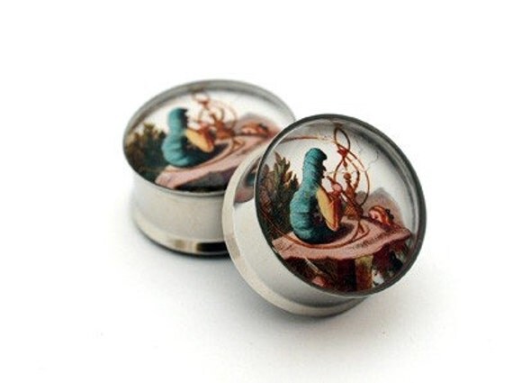 Alice in Wonderland Picture Plugs gauges - 2g, 0g, 00g, 1/2, 9/16, 5/8, 3/4, 7/8, 1 inch STYLE 4