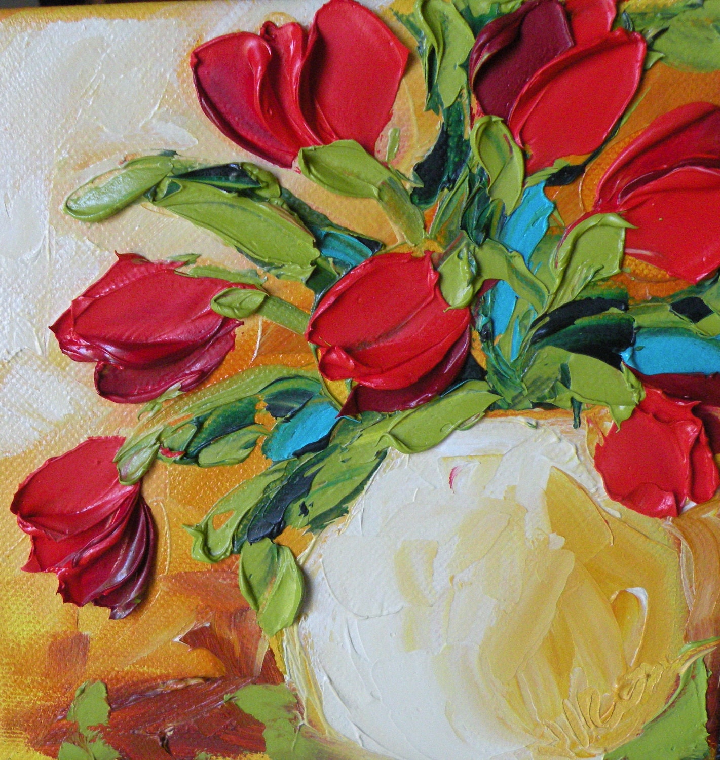 Original Oil Painting Red Tulips Wall Decor