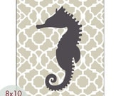 Seahorse 8x10 PRINT (French Grey and Charcoal) (Modern French Style) Nautical/Beach Theme
