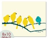 Little Yellow Birdies on a Branch - 8x10 Art Print - Cool Color Palettes (Turquoise accent bird) Customizable Colors