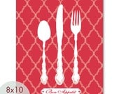 Bon Appetit (Fork Spoon Knife Setting) 8x10 Print -(Featured in Ruby Red) Modern Vintage Prints (Customizable Colors) Buy 3 get one Free