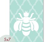 Honey Bee with Diamond Trellis - 5x7 Print (Featured in Duck Egg) (Modern French Country Style) (Customizable Colors) Buy 3 get one Free