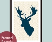 Vintage Deerhead with Antlers (13x19 Art Poster Prints) Modern Woodland Design (Featured in Cream and Navy)