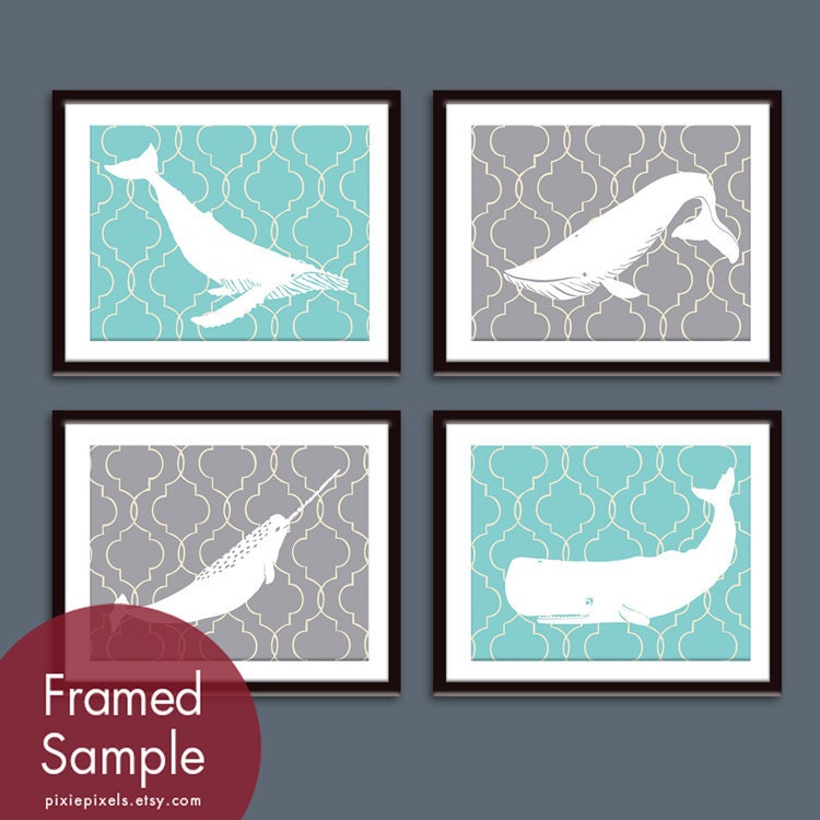 Whales Marine Nautical Collection (Series A) Set of 4 - 8x10 Art Prints (Paris Blue and Dolphin Grey) customizable colors