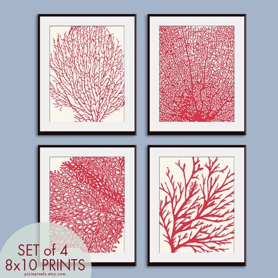 Underwater Sea Coral Collection (Series C) Set of 4 - 8x10 Art Prints (Featured in Ruby Red and Soft Cream)