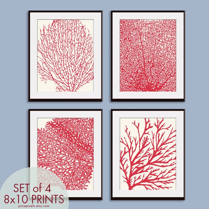 Underwater Sea Coral Collection (Series C) Set of 4 - 8x10 Art Prints (Featured in Ruby Red and Soft Cream)