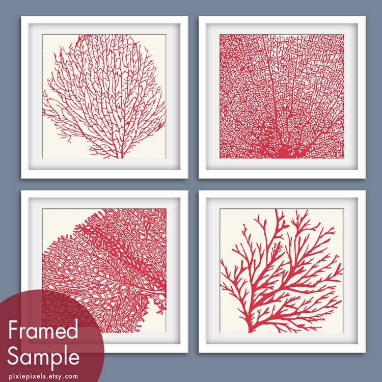 Underwater Sea Coral Collection (Series C) Set of 4 - 12x12 Art Poster Prints (Featured in Soft Cream and Ruby Red)