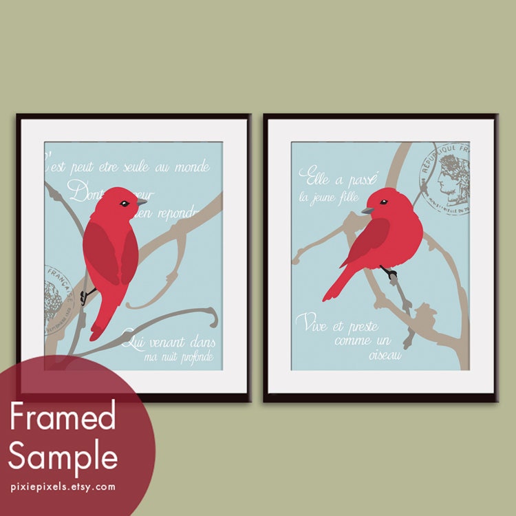Parisian Birds on a Branch - 8x10 Print Set - (Ruby Red Birds on Glacier Blue Background) Buy 3 get 1 free