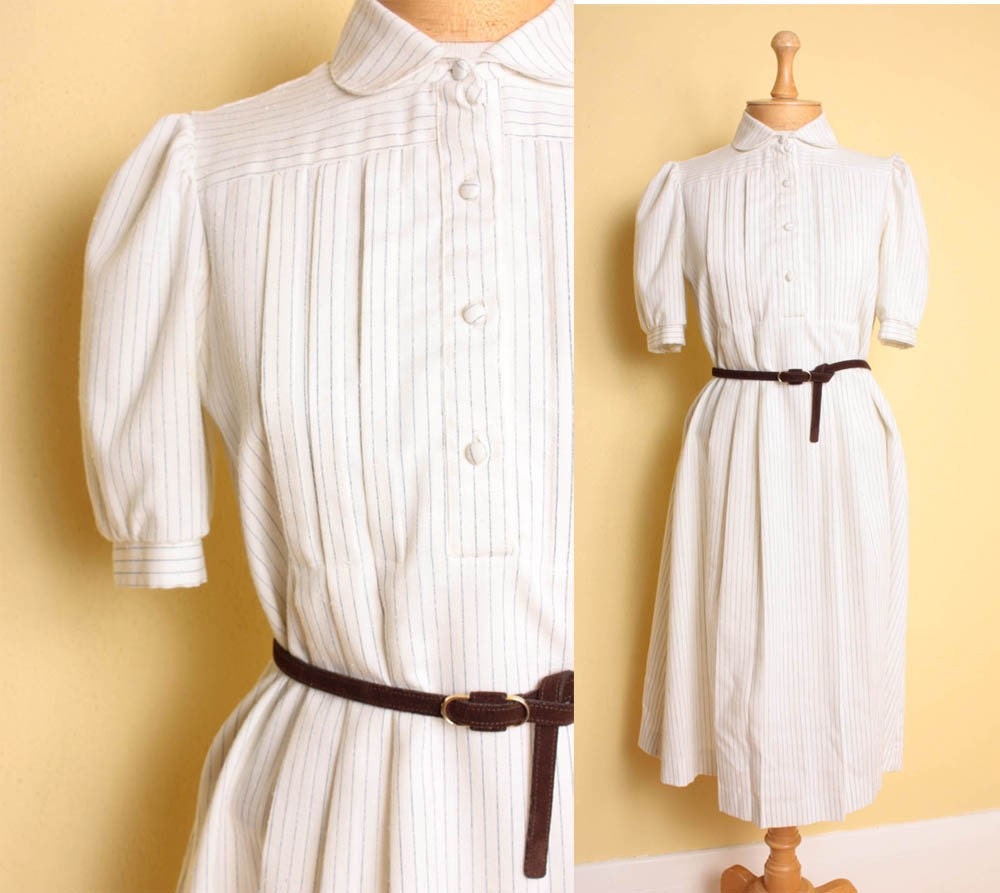 ON SALE Vintage 1980s Maternity Dress in Blue & Cream Seersucker Stripes