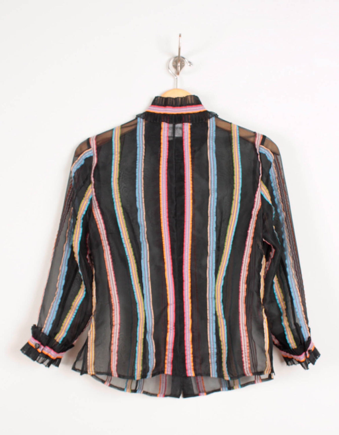 80s / 90s Sheer Silk Blouse / Black w/ Colorful Ribbon Stripes - Womens M - High Necked Neck Button Down Long Sleeves