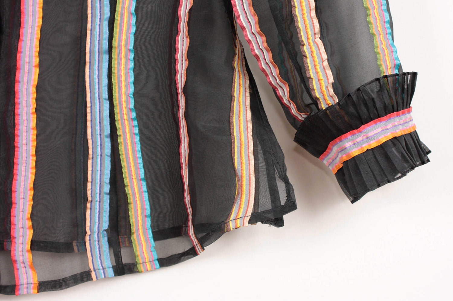 80s / 90s Sheer Silk Blouse / Black w/ Colorful Ribbon Stripes - Womens M - High Necked Neck Button Down Long Sleeves