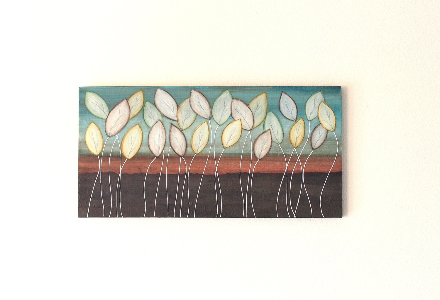 rustic nature blue green aqua brown leaves  original acrylic  painting canvas